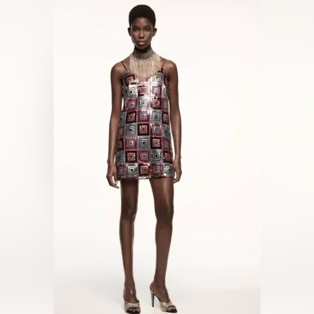 Zara V-Neck sequin mini dress with spaguetti straps.